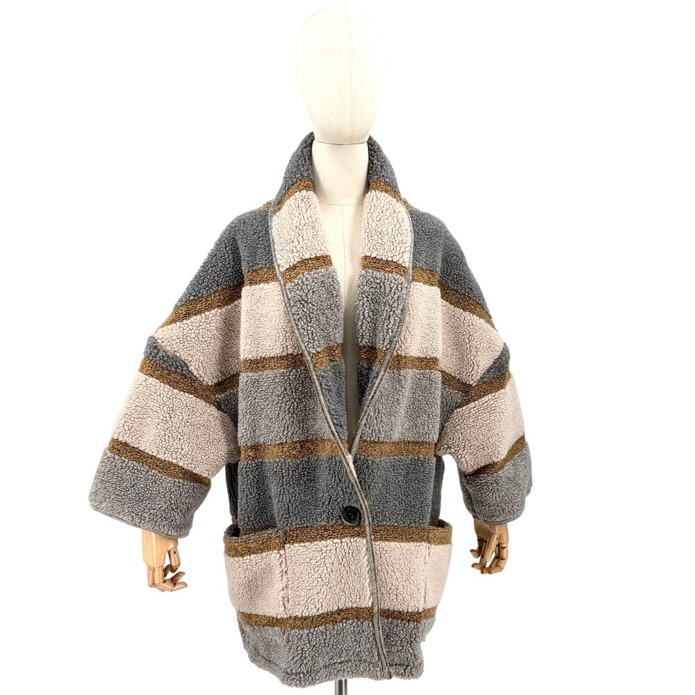 en THREAD Gray Tan Striped Oversized Cocoon Duffel Coat